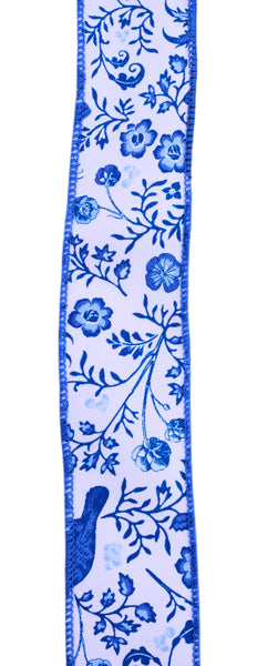 a blue and white table runner with a bird on it
