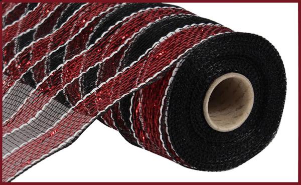 a roll of red and black mesh on a white background