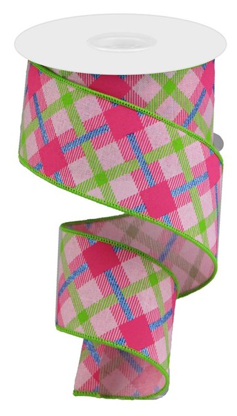 a pink and green plaid ribbon on a white background