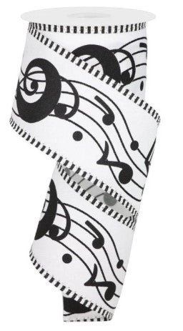 A black and white ribbon with a repeating pattern of musical notes and symbols.