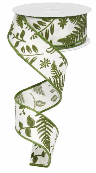 a white and green ribbon with leaves on it