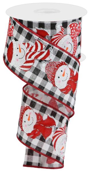 a roll of red and black plaid ribbon with snowmen on it