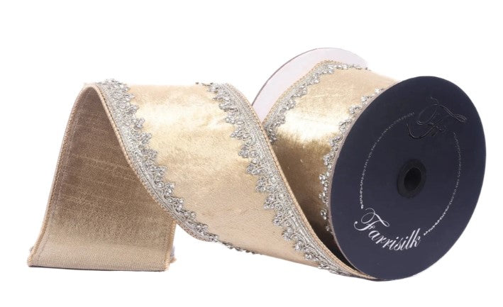 A gold-colored ribbon with silver embellishments, including a decorative border, is shown against a white background.
