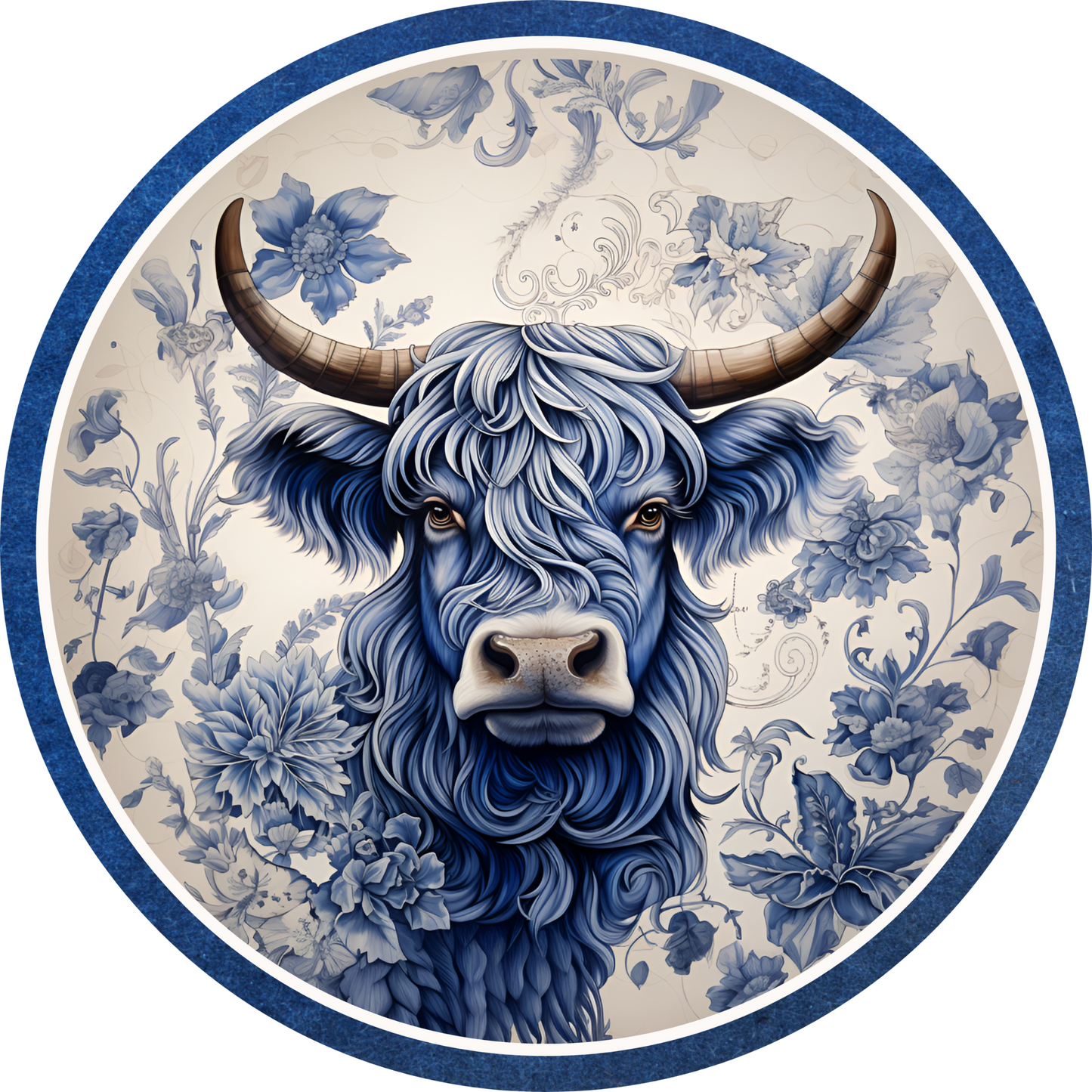 a blue and white plate with a bull painted on it