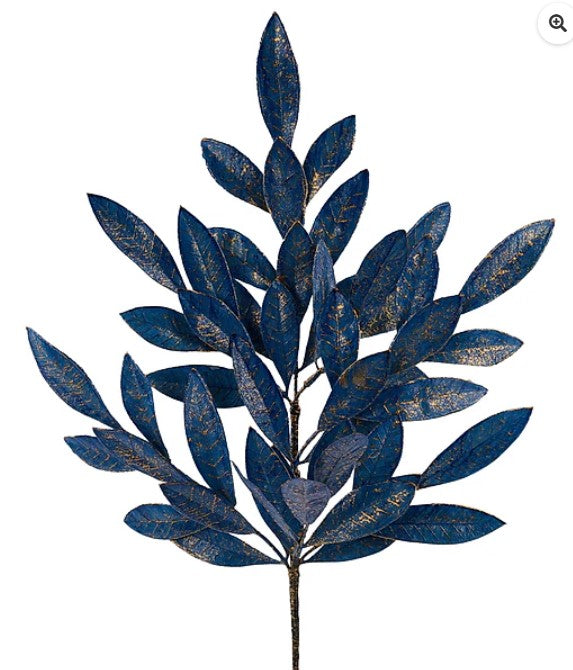 A branch with numerous blue leaves, creating a striking contrast against the white background.
