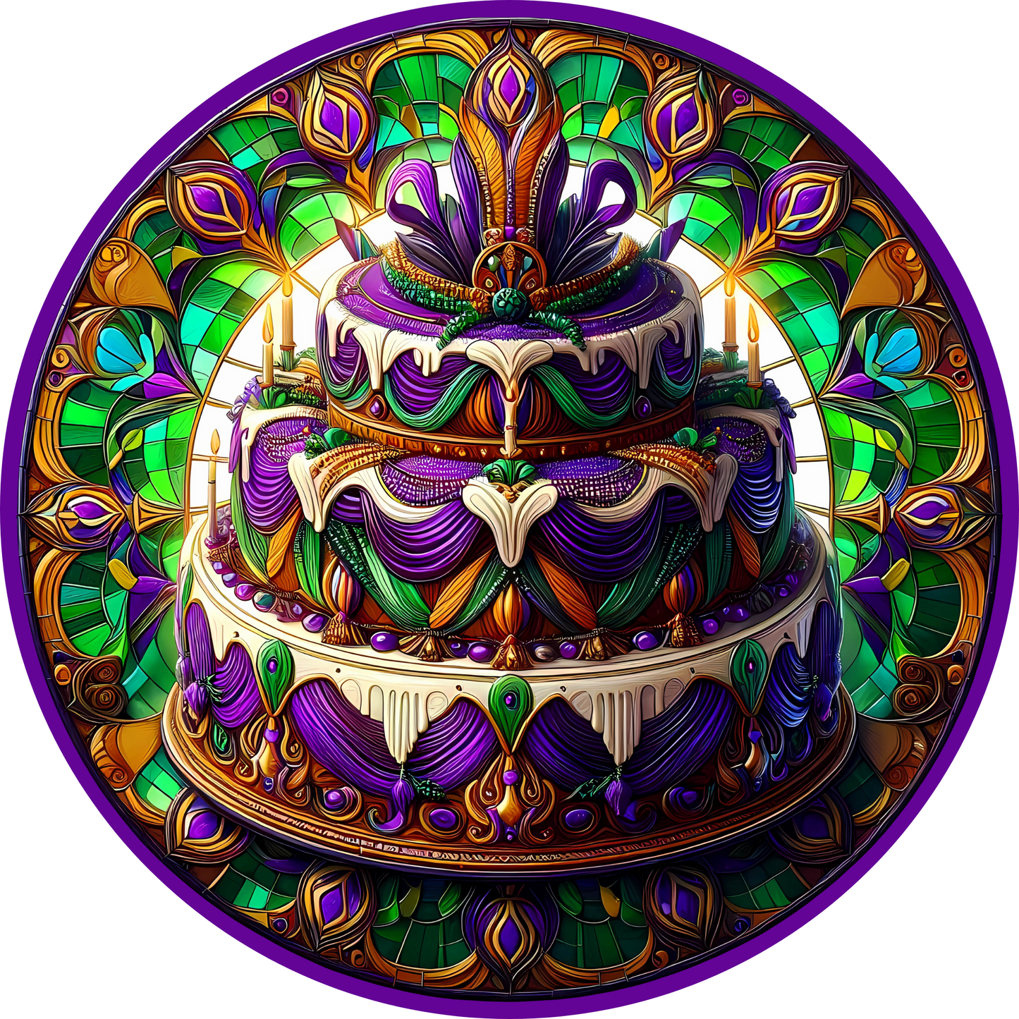 a three layer cake with a colorful design on it