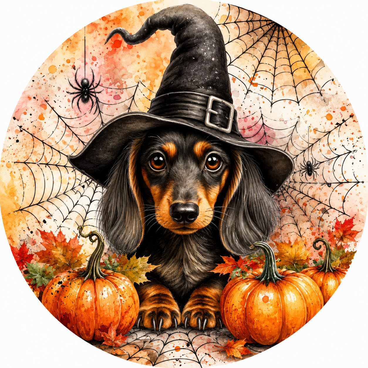 Dachshund in Witches Hat Pumpkins Spider Webs Wreath Sign-Halloween-Sublimation-Decor-Creek Road Designs
