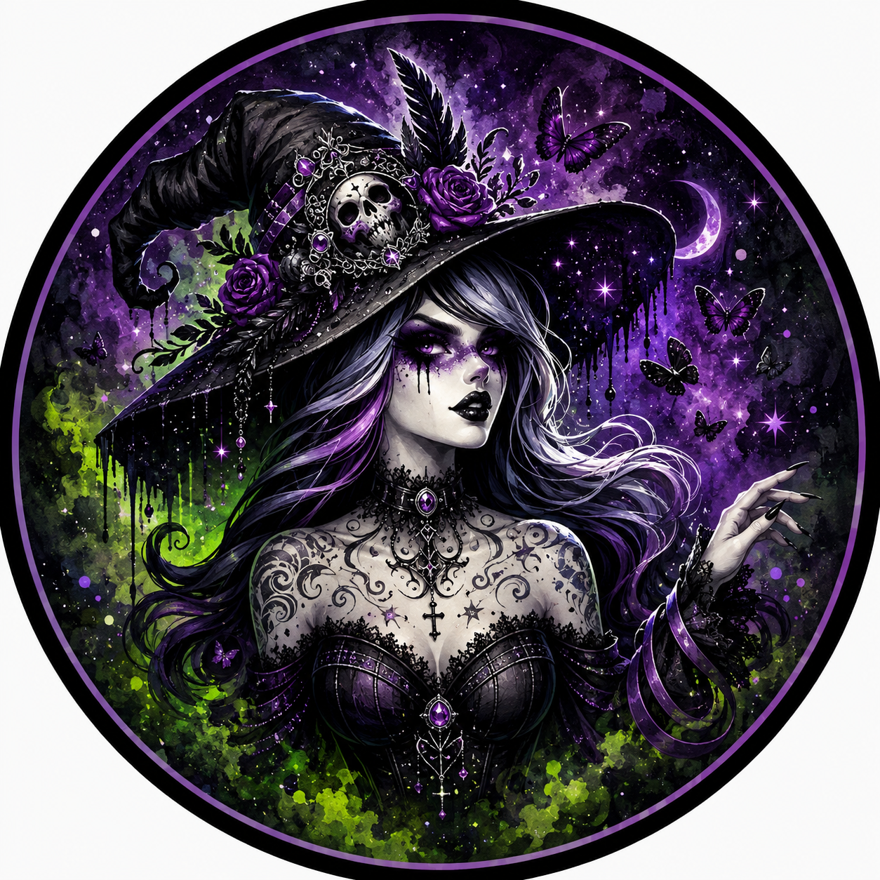 Halloween Witch Purple Lime Green Graphic Sublimated Wreath Sign