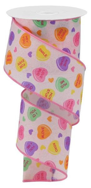 2.5" X 10Yd Wired Ribbon-Conversation Hearts on Royal Powder Pink-RGA149115-Wreaths-Crafts-Decor-Valentines