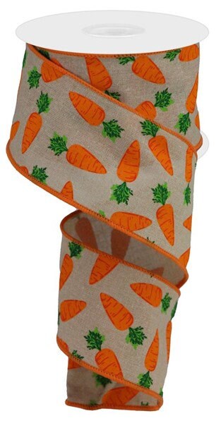 2.5" X 10Yd Wired Ribbon-Carrots On Cotton Ribbon-RGA1588F2-Tan Orange Green-Wreaths-Crafts-Decor