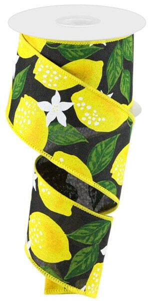 2.5" X 10Yd Wired Ribbon-Lemons on Royal Ribbon-RGA118602-White Yellow Green Black-Wreaths-Crafts-Decor