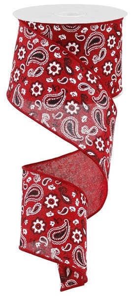 2.5" X 10Yd Wired Ribbon-Red Bandana on Royal Burlap Ribbon-RG1693R9-Red Black White-Wreaths-Crafts-Decor