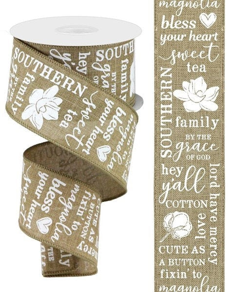 2.5" X 10Yd Wired Ribbon-Southern Charm on Royal Burlap Ribbon-RGA103101-Light Beige White-Wreaths-Crafts-Decor