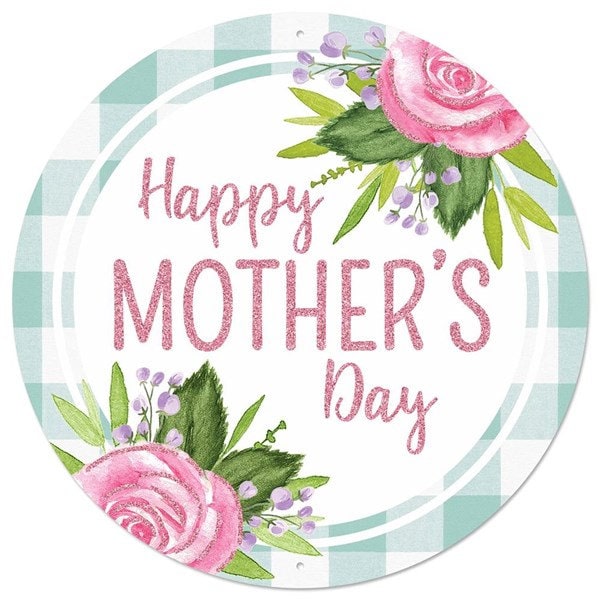 Happy Mother's Day Pink Lavender Floral with Green gingham border Sign -Wreath Sign-Decor-MD0882