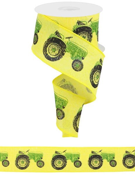 2.5" X 10Yd Wired Ribbon-Tractor On Royal Burlap-RG014877M-Yellow Green Black-Wreaths-Crafts-Decor-Spring