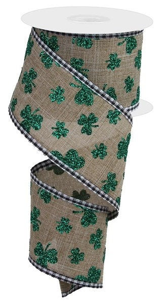 2.5" X 10Yd Wired Ribbon-Glitter Shamrocks/Gingham/Beige/Kelly Green-St. Patrick's Day-RGA851501-Wreaths-Crafts-Decor