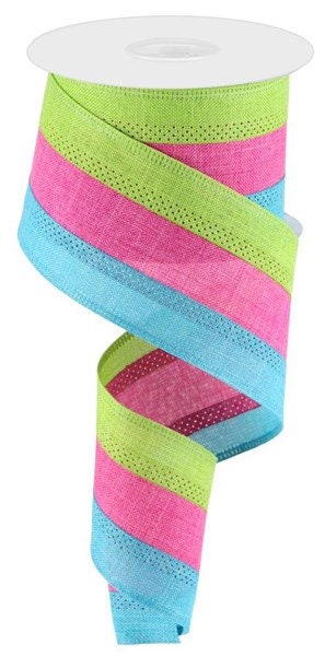 2.5" X 10Yd Wired Ribbon-3 Color 3-1 Royal Burlap Ribbon-RG160450-Light Teal Fuchsia Lime Green-Wreaths-Crafts-Decor