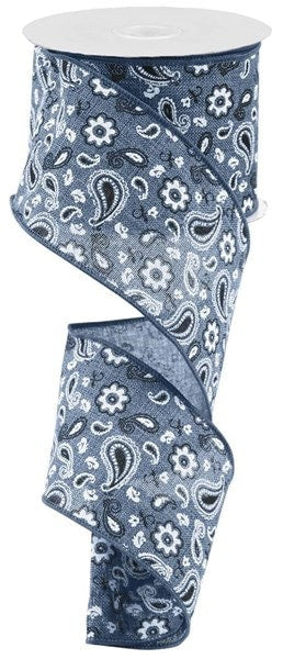 2.5" X 10Yd Wired Ribbon-Blue Bandana on Royal Burlap Ribbon-RGC1901C6-Denim Black White-Wreaths-Crafts-Decor