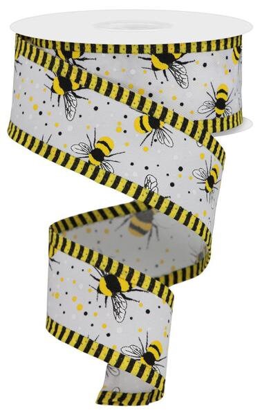 1.5" X 10Yd Wired Ribbon- Bumble Bee/Diag/Stripe Ribbon-RGA8384J3-White/Yellow/Black-Wreaths-Crafts-Royal