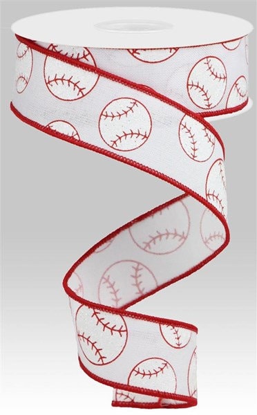 1.5" X 10Yd Wired Ribbon- Glitter Baseball On Royal Ribbon-RGA117027-White/Red-Wreaths-Crafts-Decor