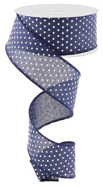 1.5" X 10Yd Wired Raised Swiss Dots On Royal Ribbon-RG0165119-Navy Blue/White-Wreaths-Crafts-Royal Burlap