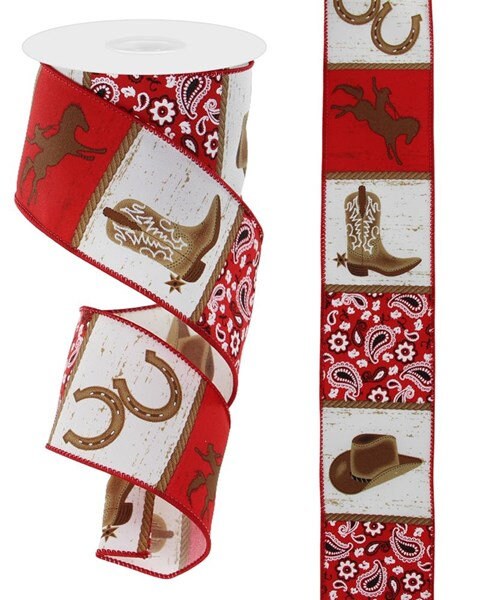 2.5" X 10Yd Wired Ribbon-Cowboy Blocks/Diagonal Weave Ribbon-RGE110424-White Red/Brown/Black-Wreaths-Crafts