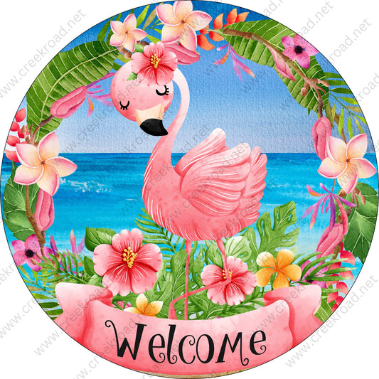 Pink Flamingo with Tropical Florals Surrounding the Ocean Wreath Sign-PICK YOUR FINISH-Sublimation-Round-Spring-Summer-Decor