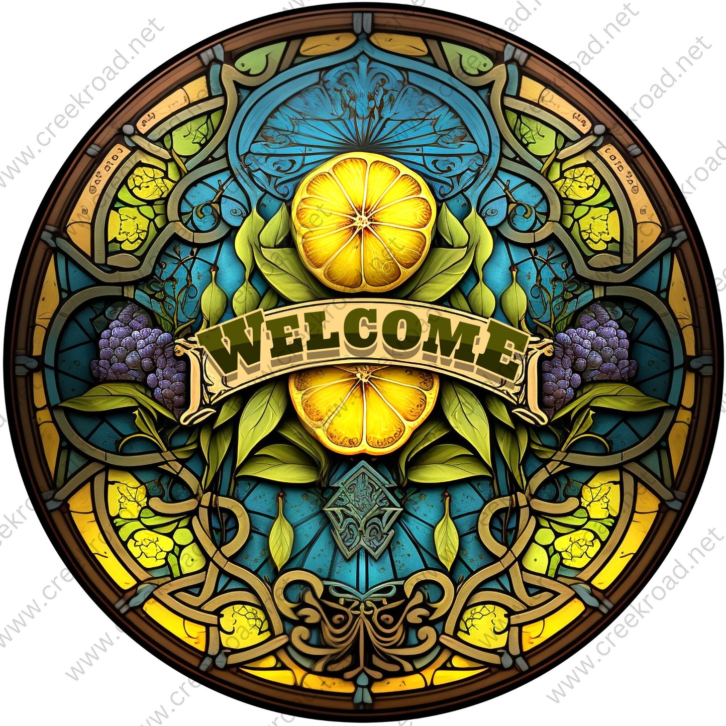 Welcome Lemon Themed FAUX Stained Glass Green Leaves Blue Yellow Background-Wreath Sign-Round-Everyday-Sublimation-Attachment-Decor