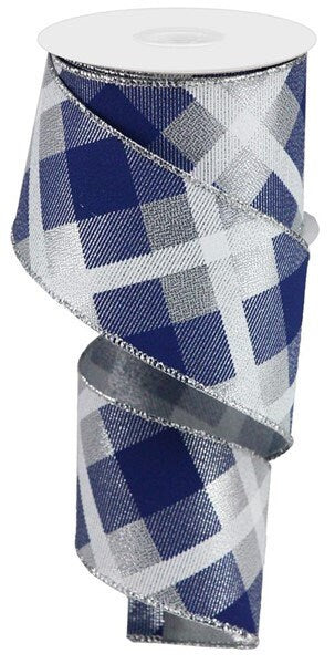 2.5" X 10Yd Wired Ribbon-Printed Plaid On Metallic Ribbon-RGA1694TY-Silver/Navy Blue/White-Wreaths-Crafts