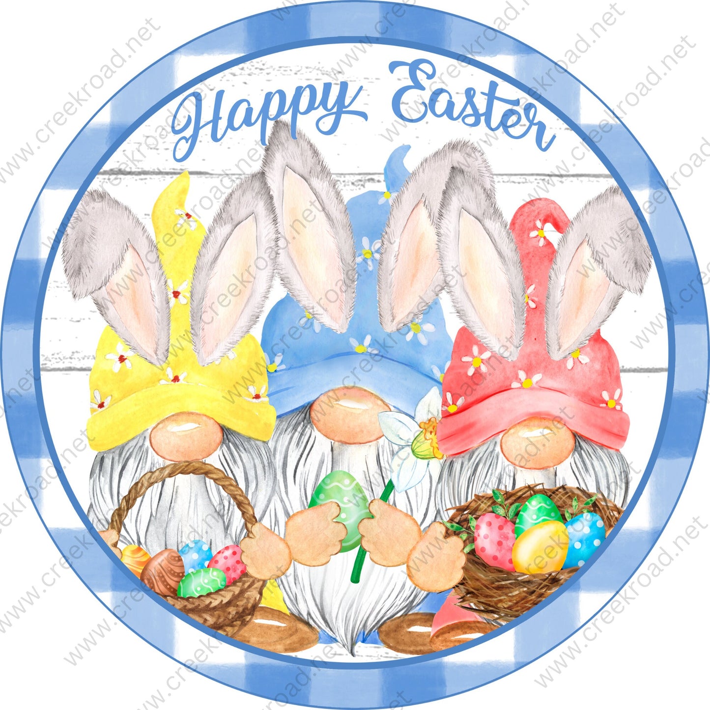 Happy Easter Gnome Bunnies with Easter Basket Eggs White Shiplap Background Blue White Checkered Border-Sublimation-Attachment-Decor-Easter