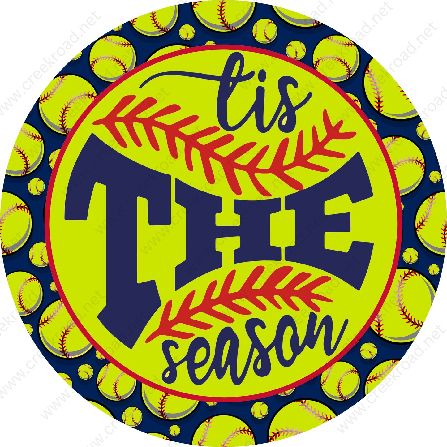 Tis The Season Softball with softball Border Wreath Sign-Red White Blue-Sports-Sublimation-Round-Decor