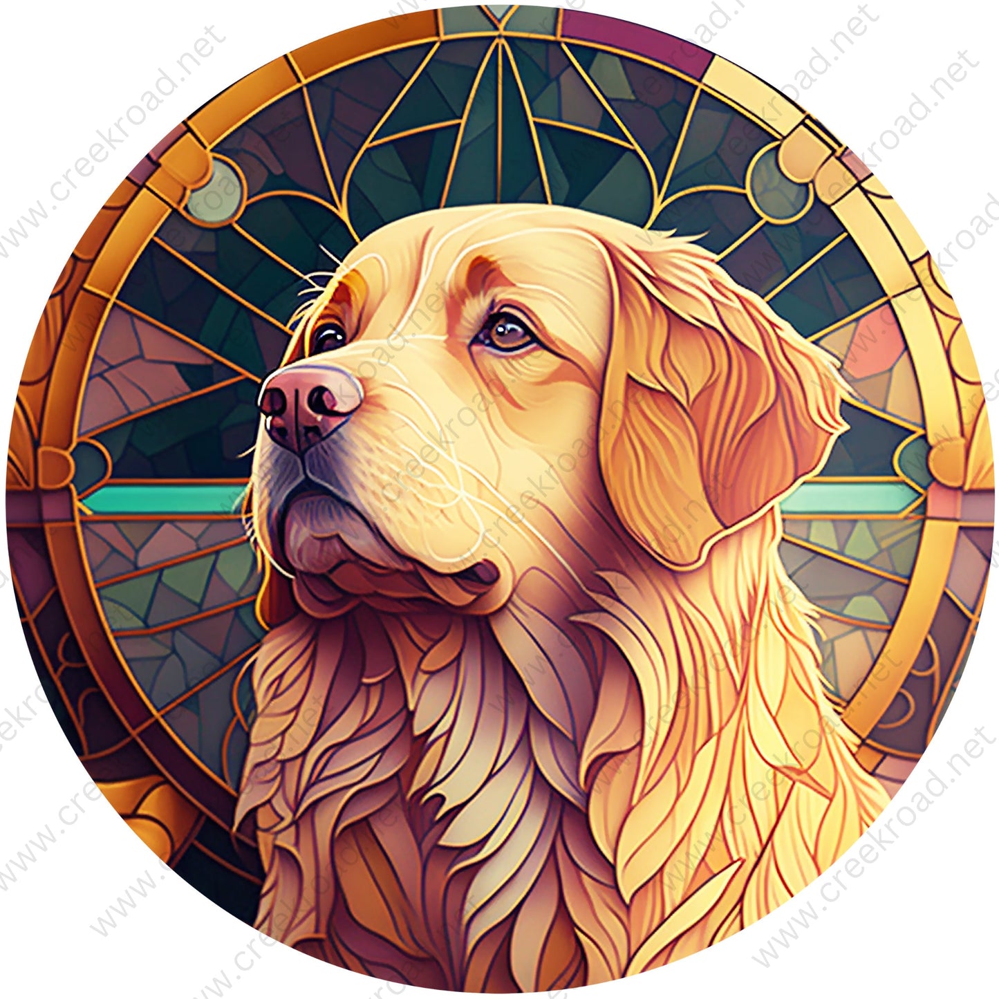 Golden Retriever Dog FAUX Stained Glass Wreath Sign-Round-Everyday-Spring-Sublimation-Aluminum-Attachment-Decor