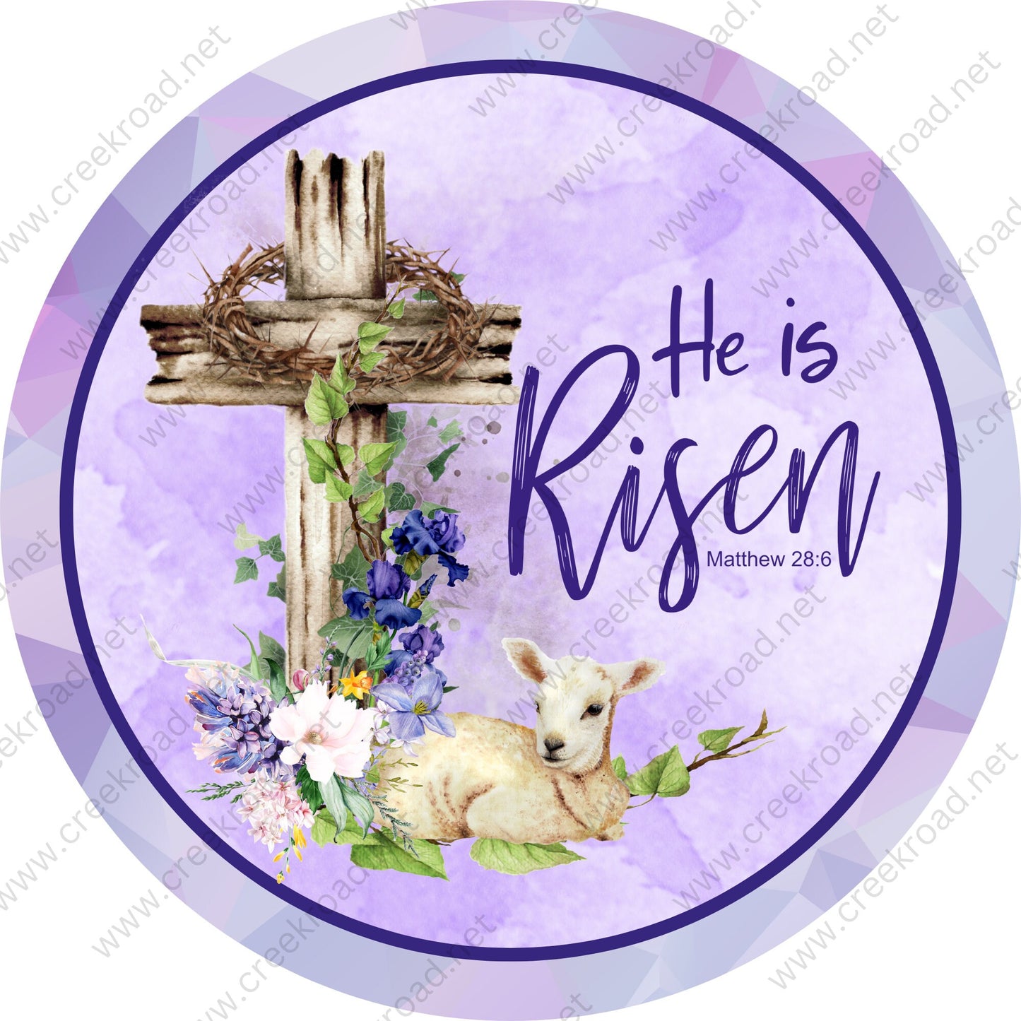 He Is Risen Cross with Lamb Lavender Florals Purple Border-Easter-Sublimation-Wreath Sign-Attachment-Spring-Decor-