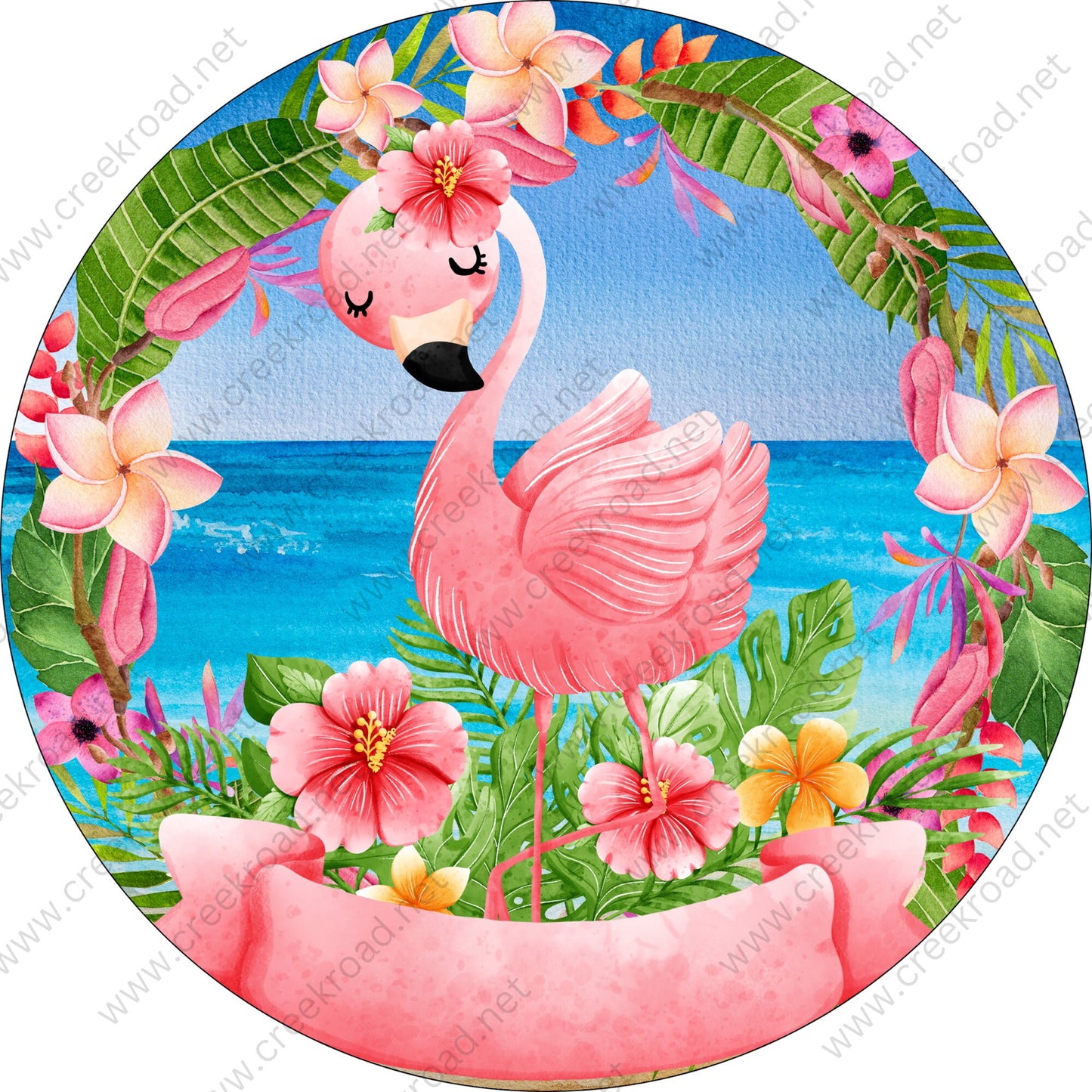 Pink Flamingo with Tropical Florals Surrounding the Ocean Wreath Sign-PICK YOUR FINISH-Sublimation-Round-Spring-Summer-Decor