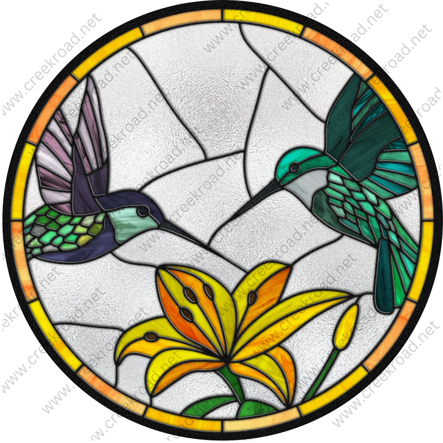 Spring Hummingbirds Pollinate Yellow Flower Faux Stained Glass Wreath Sign-Sublimation-Spring-Decor