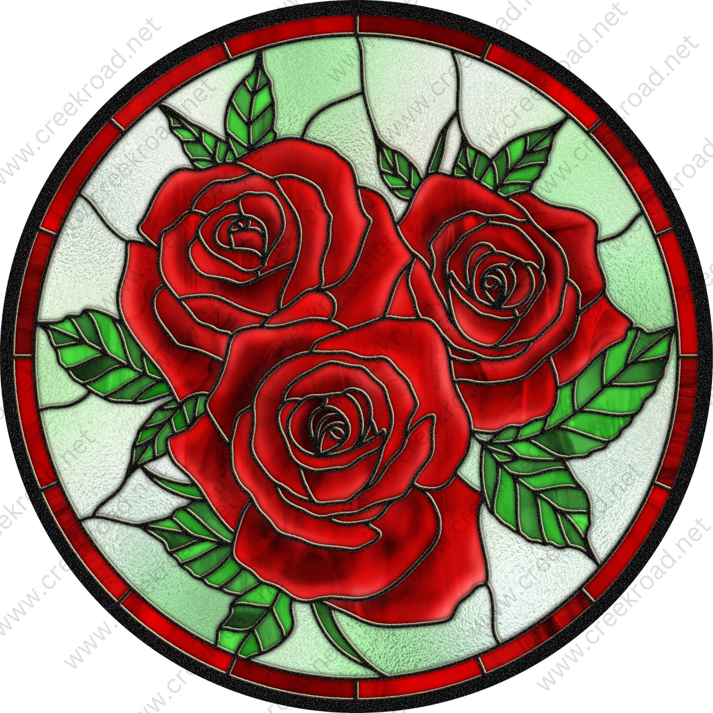 Red Roses Faux Stained Glass with Blue Border Wreath Sign-Sublimation-Round-Spring-Summer-Decor