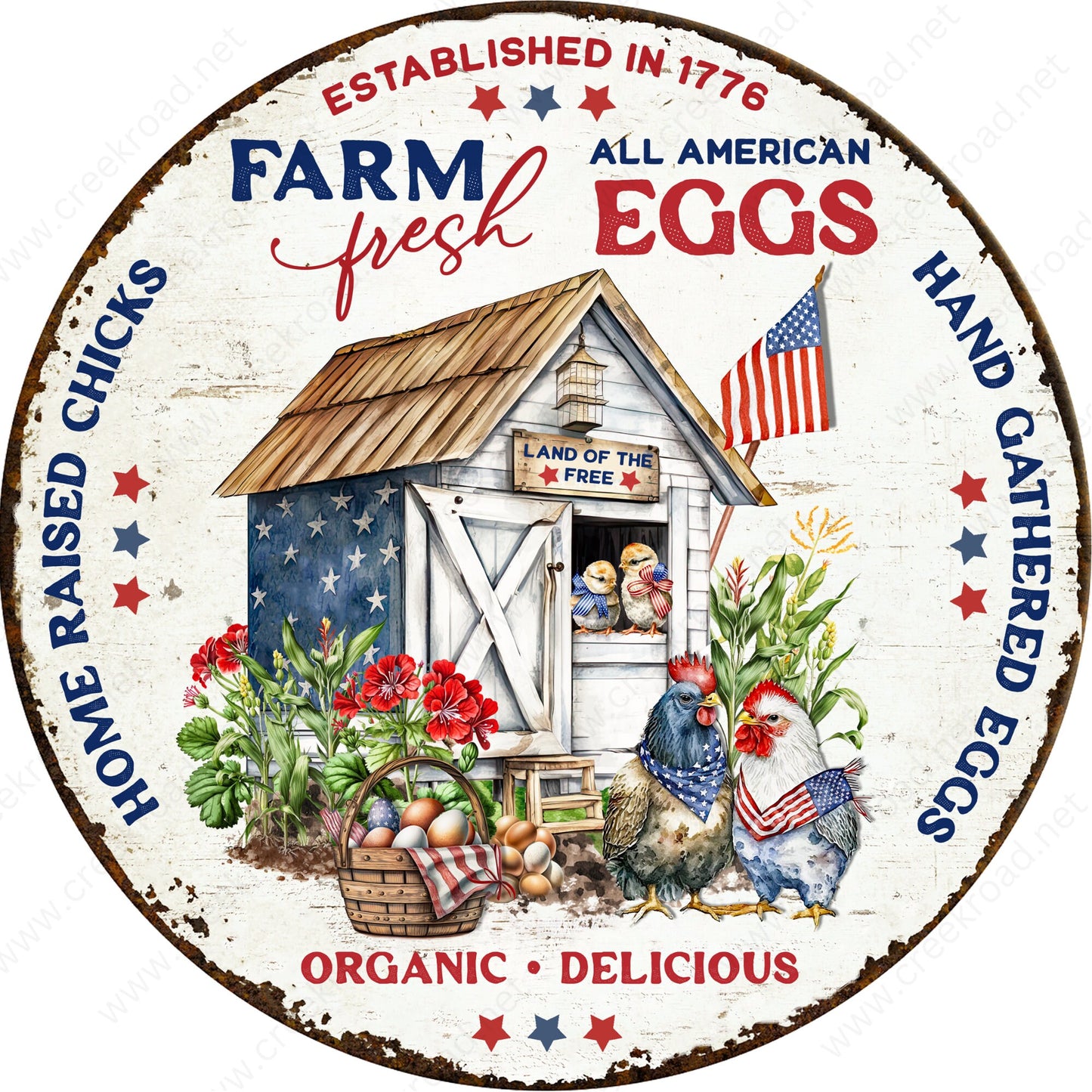 Farm Fresh All American Eggs Land of the Free Patriotic Faux Rusted Border Wreath Sign-Round-Sublimation-Aluminum-Attachment-Decor
