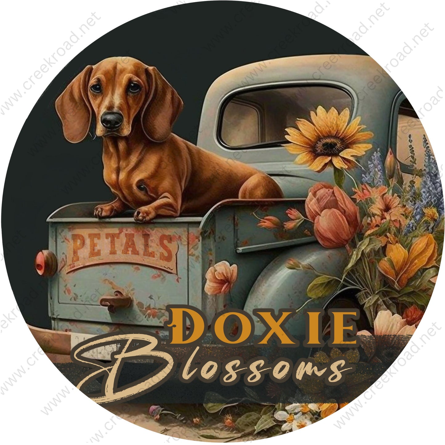 Doxie Blossoms Red Dachshund in Bed of Truck Wreath Sign-Round-Everyday-Spring-Sublimation-Aluminum-Attachment-Decor