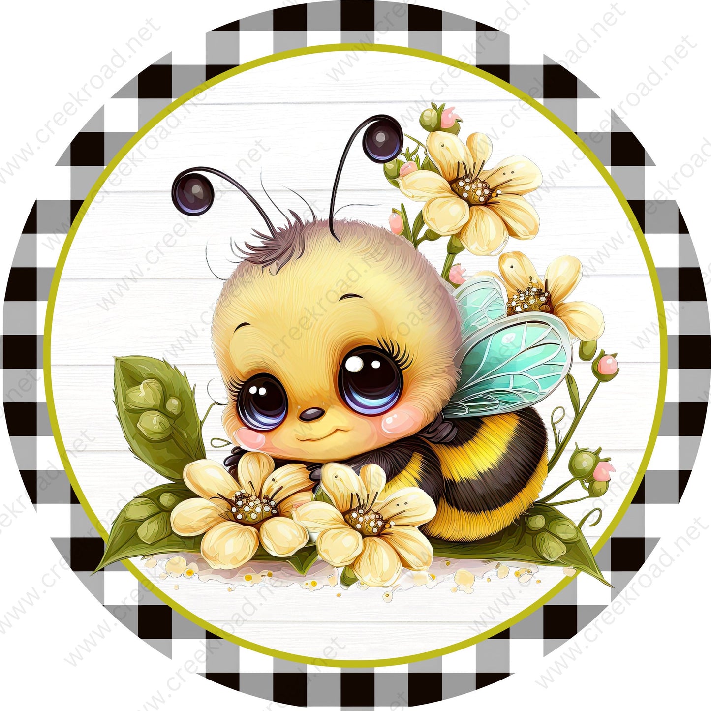 Cute Spring Bee with Black White Checkered Border Wreath Sign-Sublimation-Round-Spring-Summer-Decor
