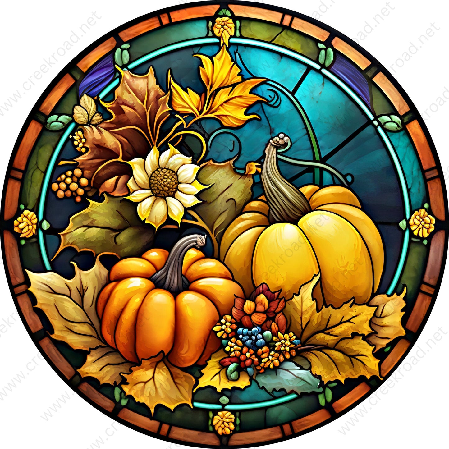 Fall Pumpkin in Autumn Leaves Faux Stained Glass Wreath Sign-Fall-Sublimation-Attachment-Round-Creek Road Designs