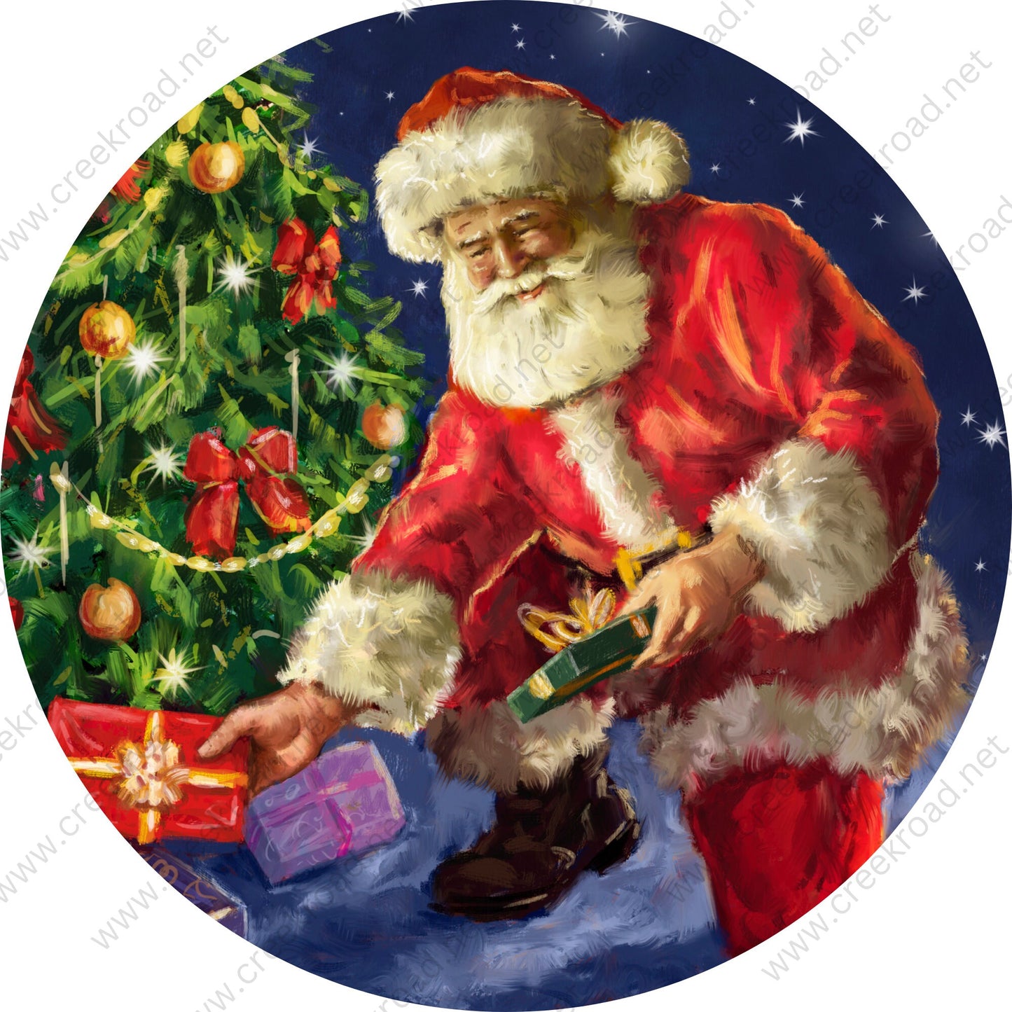 Santa Claus Leaving Presents Under Tree Stars at Night Wreath Sign-Sublimation-Round-Christmas-Decor