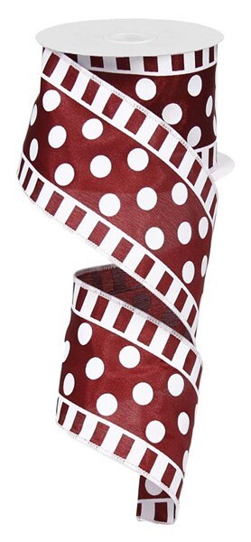 2.5" X 10Yd Wired Ribbon-Maroon White Dots And Stripes On Satin-RG01369CX-Wreaths-Crafts-Decor-Everyday
