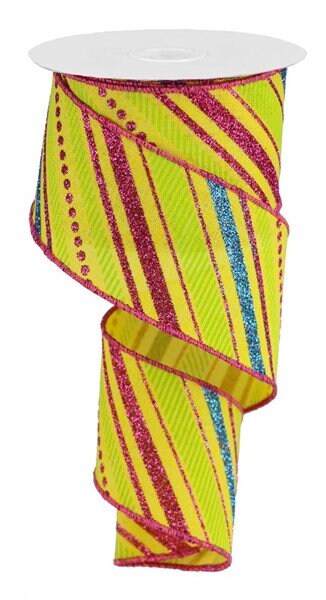 2.5" X 10Yd Wired Ribbon-Yellow Hot Pink Lime Multi Diagonal Stripes/Royal-RGB1302Y2-Wreaths-Crafts-Decor-Everyday