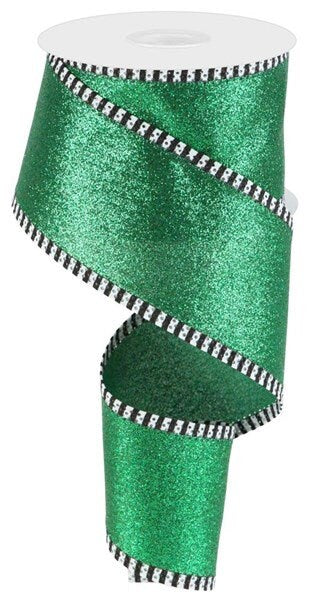 2.5" X 10Yd Wired Ribbon-Green Shimmer Glitter/Stripe-RGA818806-Christmas