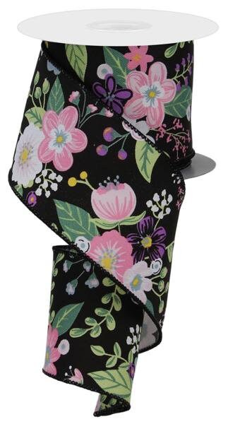 2.5" X 10Yd Wired Ribbon-Black Pink Floral with Graphics-RGE113302-Wreaths-Crafts-Decor-Everyday