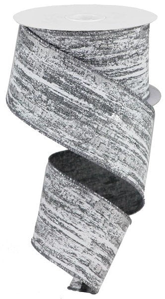 2.5" X 10Yd Wired Ribbon-Glitter/Metallic Streaks-Grey/White/Silver-RGA191810-Christmas