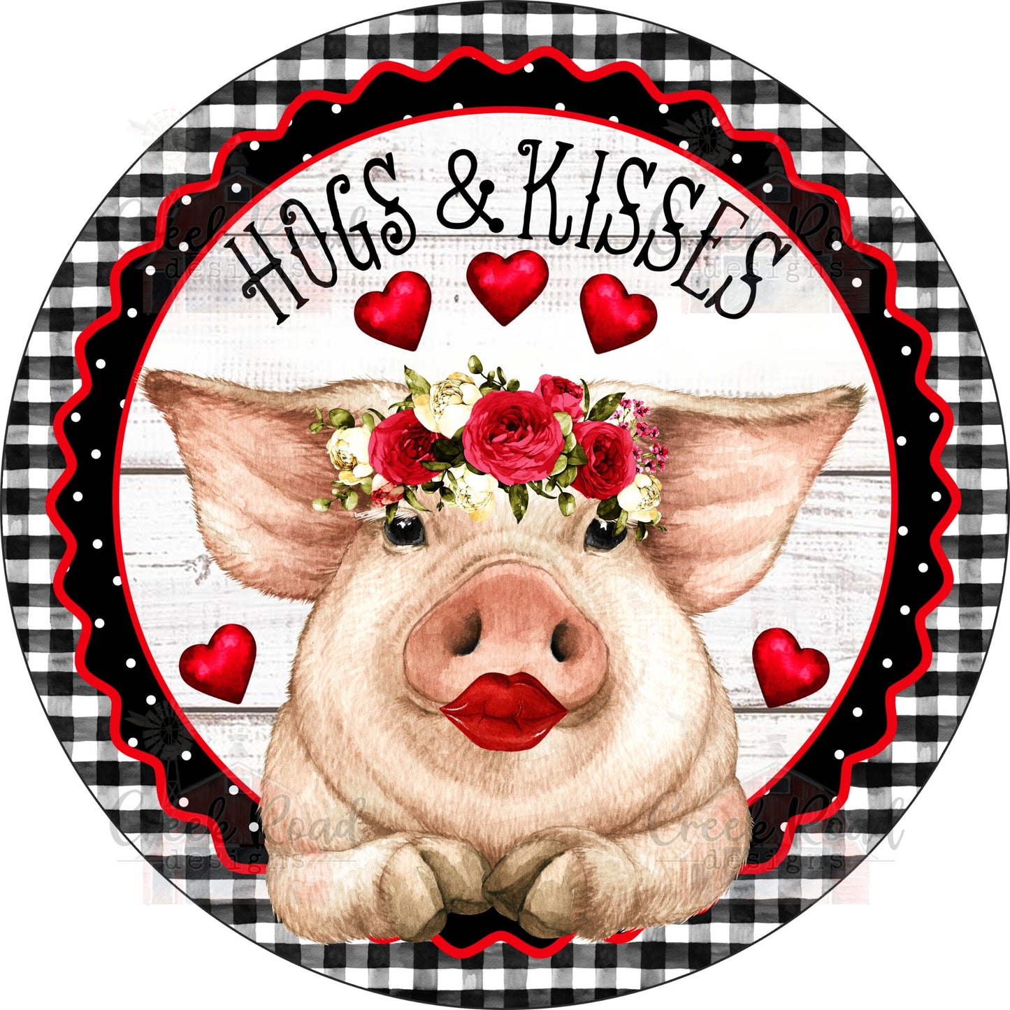 Hogs & Kisses Black White Checkered Valentine Wreath Sign - Valentines Door Decor- Valentines Sign - Valentine Wreath Sign