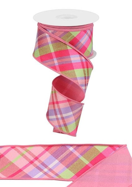 2.5" X 10Yd Wired Ribbon-Diagonal Plaid/Pg Fused Back-Pink/Lav/Sprg Grn-RGX005182-Wreaths-Crafts-Decor-Seasonal