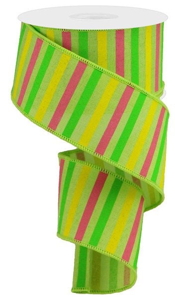 2.5" X 10Yd Wired Ribbon-Horizontal Stripe On Royal-Brt Grn/Yllw/Grn/Lt Pink-RGA120509-Wreaths-Crafts-Decor-Seasonal