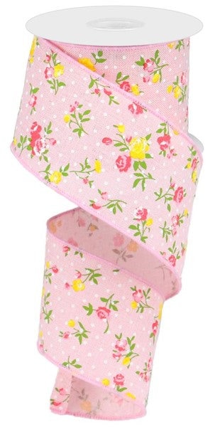2.5" X 10Yd Wired-Pale Pink Vintage Floral W/Dots On Royal-RG0195415-Wreaths-Crafts-Decor